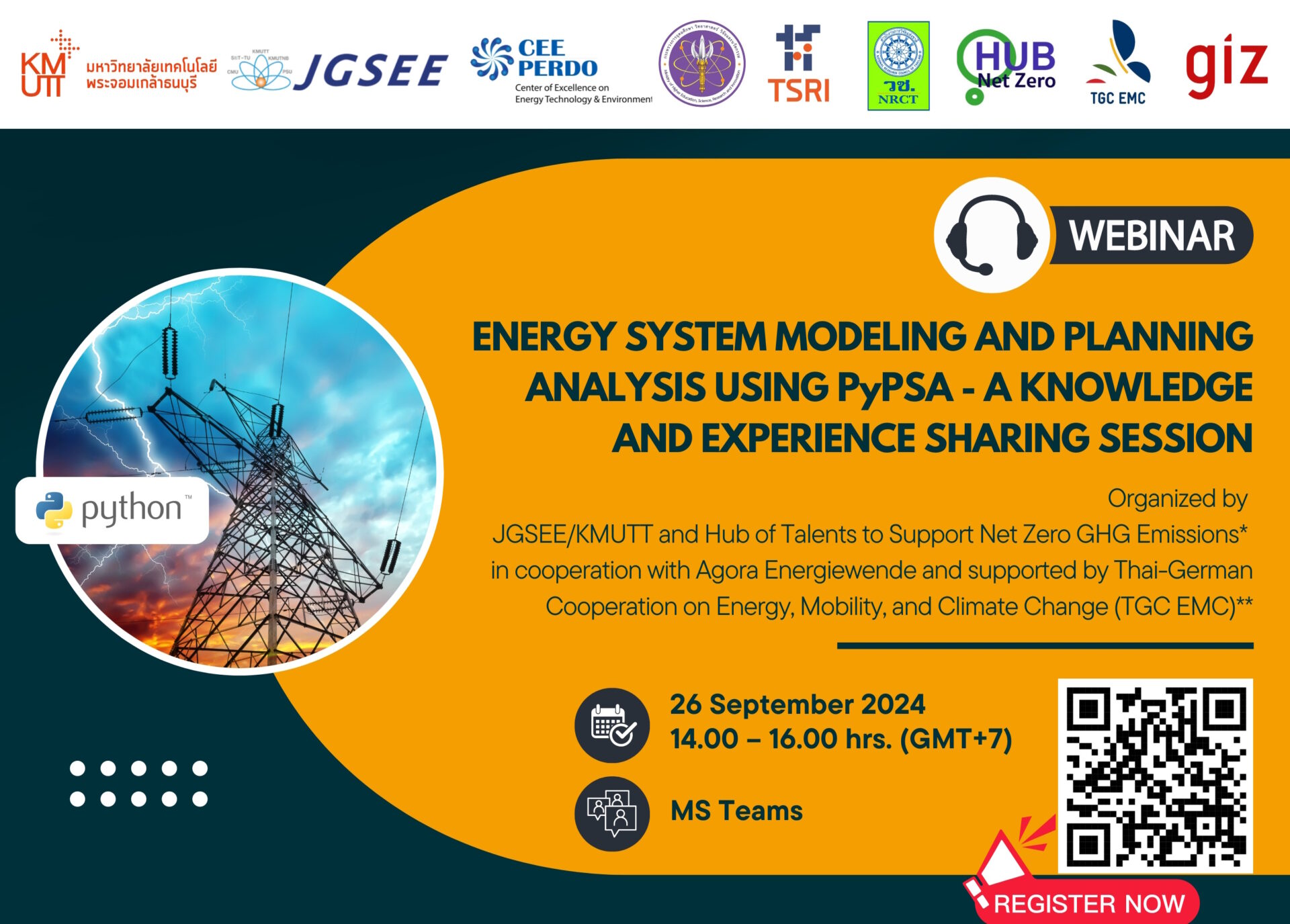 JGSEE Webinar   Energy System Modeling and Planning Analysis Using PyPSA – A Knowledge and Experience Sharing Session วันพฤหัสที่ 26 กันยายน 2567 เวลา14.00-16.00 น. (เวลาประเทศไทย) สัมมนาออนไลน์ผ่านเว็บ MS Teams
